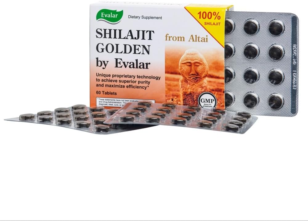 Evalar Siberian Altai Shilajit Golden Tablets - 60 Count - Natural Energy and Wellness Support