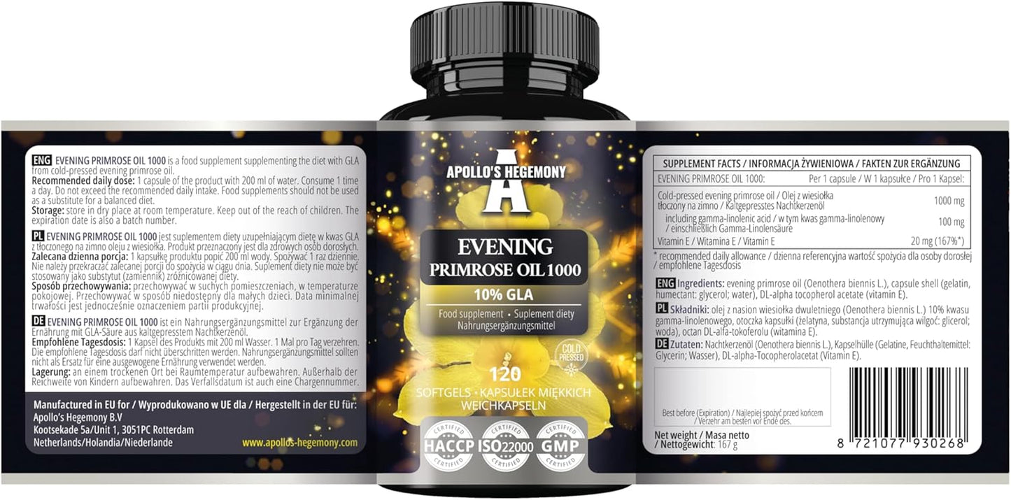 Evening Primrose Oil Softgels 1000 mg with Vitamin E - 120 Capsules - Hormonal Balance & Skin Health - 4 Month Supply - Apollo's Hegemony