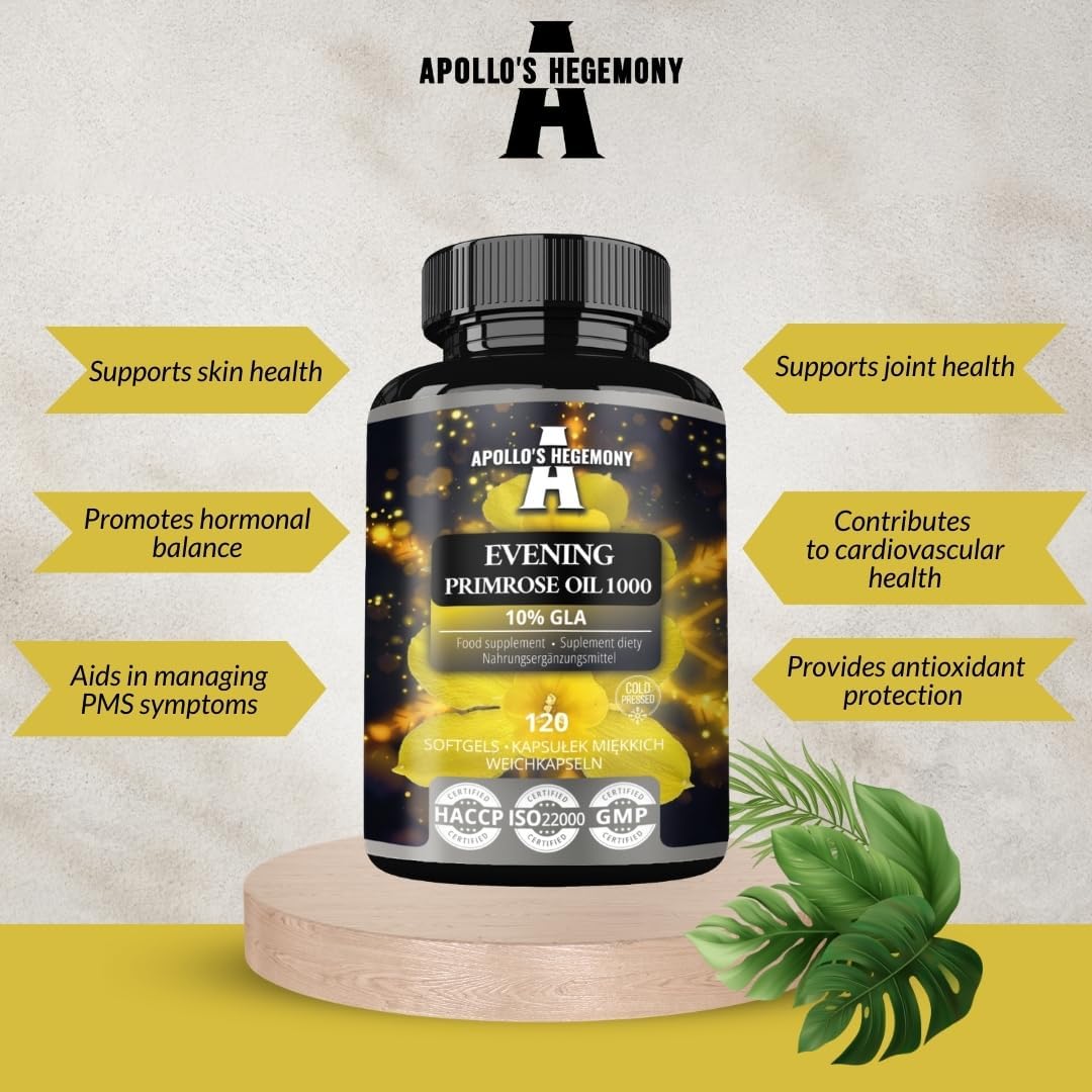 Evening Primrose Oil Softgels 1000 mg with Vitamin E - 120 Capsules - Hormonal Balance & Skin Health - 4 Month Supply - Apollo's Hegemony
