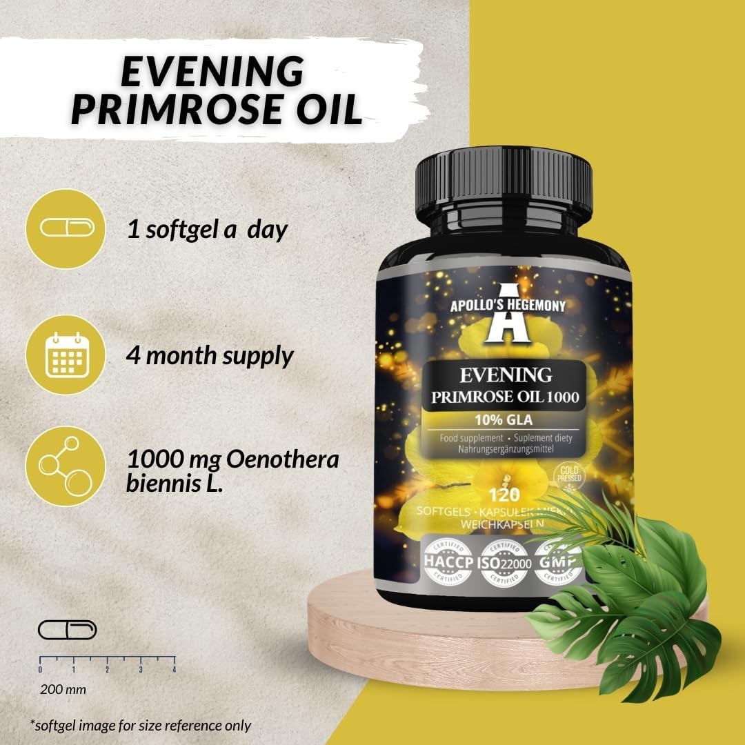 Evening Primrose Oil Softgels 1000 mg with Vitamin E - 120 Capsules - Hormonal Balance & Skin Health - 4 Month Supply - Apollo's Hegemony