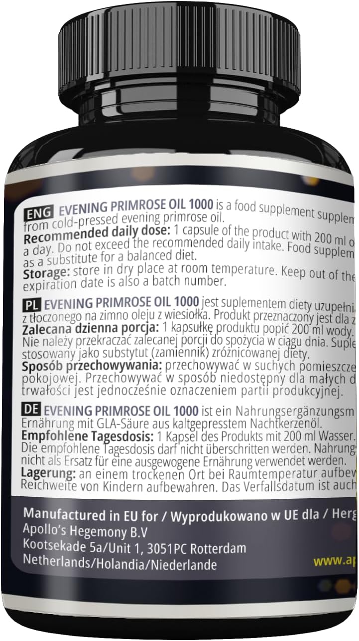 Evening Primrose Oil Softgels 1000 mg with Vitamin E - 120 Capsules - Hormonal Balance & Skin Health - 4 Month Supply - Apollo's Hegemony
