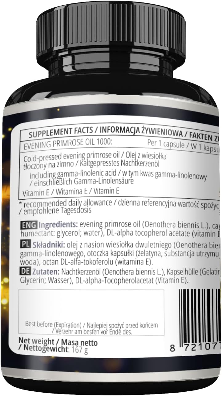Evening Primrose Oil Softgels 1000 mg with Vitamin E - 120 Capsules - Hormonal Balance & Skin Health - 4 Month Supply - Apollo's Hegemony