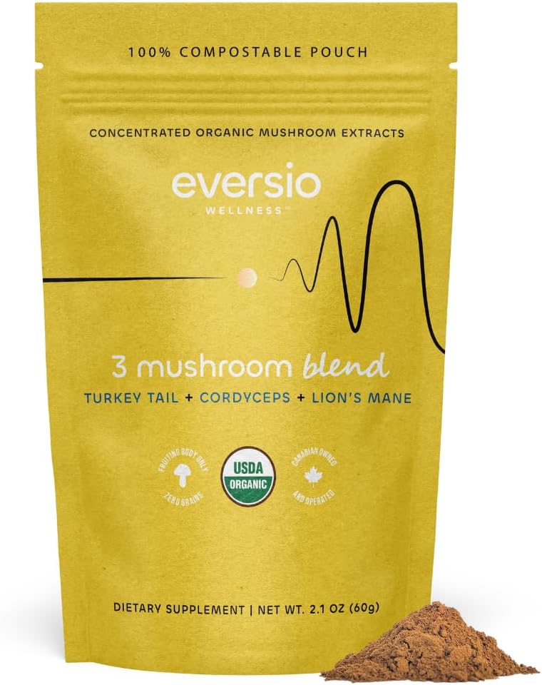 Eversio Wellness 3 Mushroom Blend - Awaken Blend 60 Servings (60g) - Lions Mane, Turkey Tail, and Cordyceps Powder - High Beta-D-Glucans