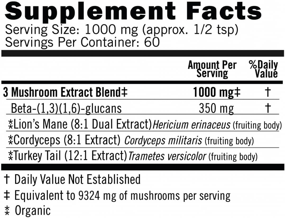 Eversio Wellness 3 Mushroom Blend - Awaken Blend 60 Servings (60g) - Lions Mane, Turkey Tail, and Cordyceps Powder - High Beta-D-Glucans