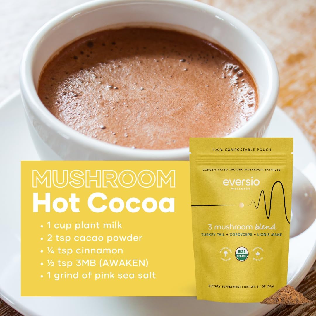 Eversio Wellness 3 Mushroom Blend - Awaken Blend 60 Servings (60g) - Lions Mane, Turkey Tail, and Cordyceps Powder - High Beta-D-Glucans