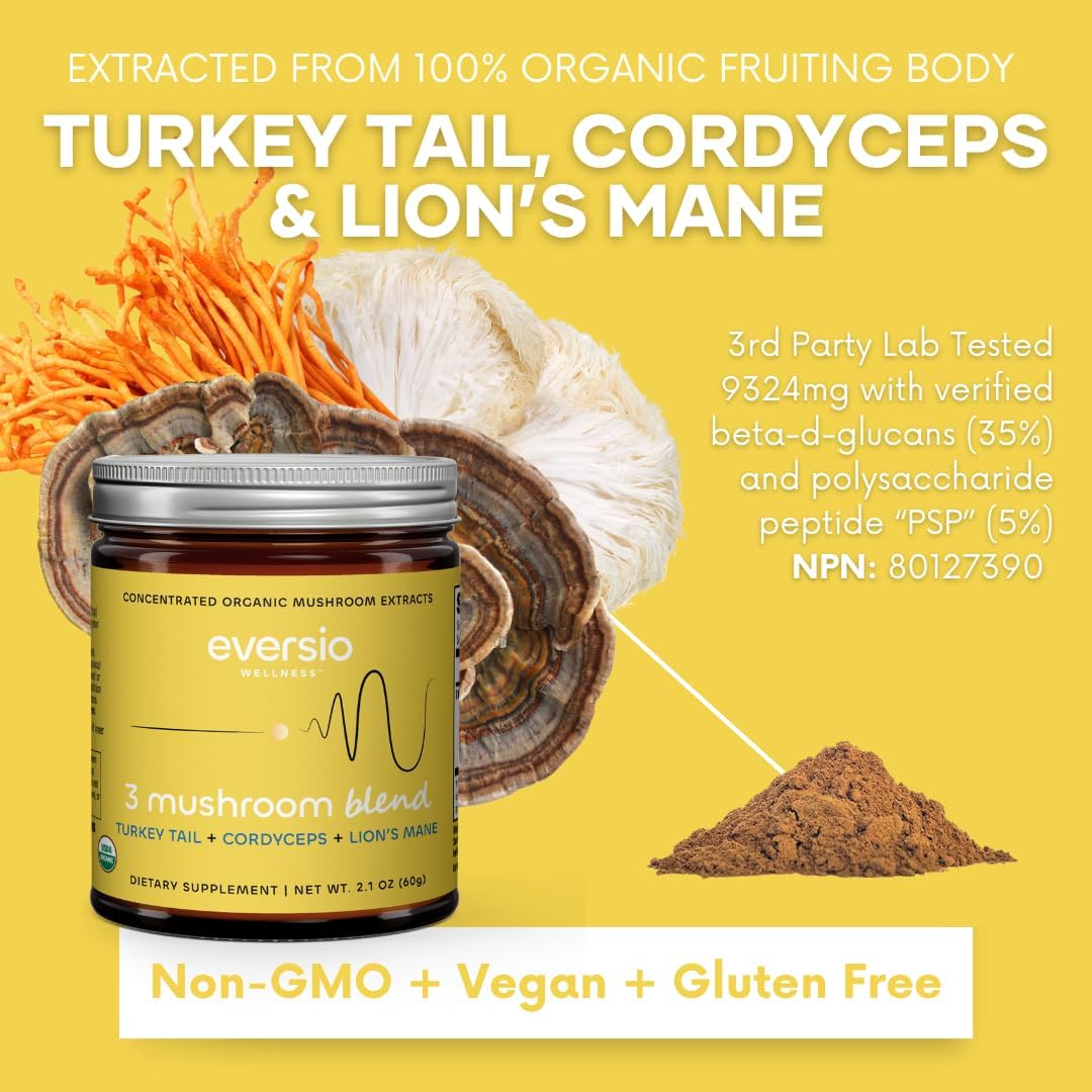 Eversio Wellness 3 Mushroom Blend - Awaken Blend 60 Servings (60g) - Lions Mane, Turkey Tail, Cordyceps Mushroom Powder with >32% Beta-D-Glucans for Coffee and Smoothies