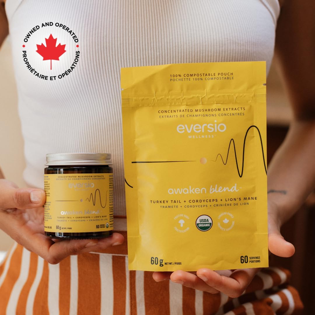 Eversio Wellness 3 Mushroom Blend - Awaken Blend 60 Servings (60g) - Lions Mane, Turkey Tail, and Cordyceps Powder - High Beta-D-Glucans