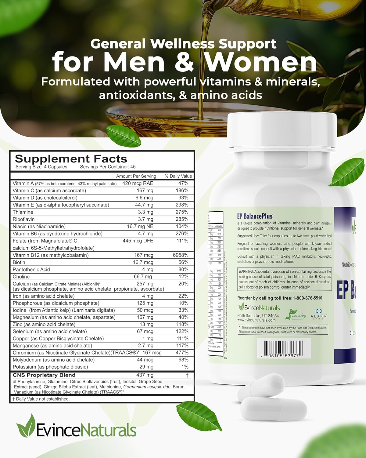 EvinceNaturals EP BalancePlus Multivitamin for Adults - Men's and Women's Multivitamin with Methyl Folate, Amino Acids, and Minerals - 180 Capsules for General Wellness and Nutritional Support