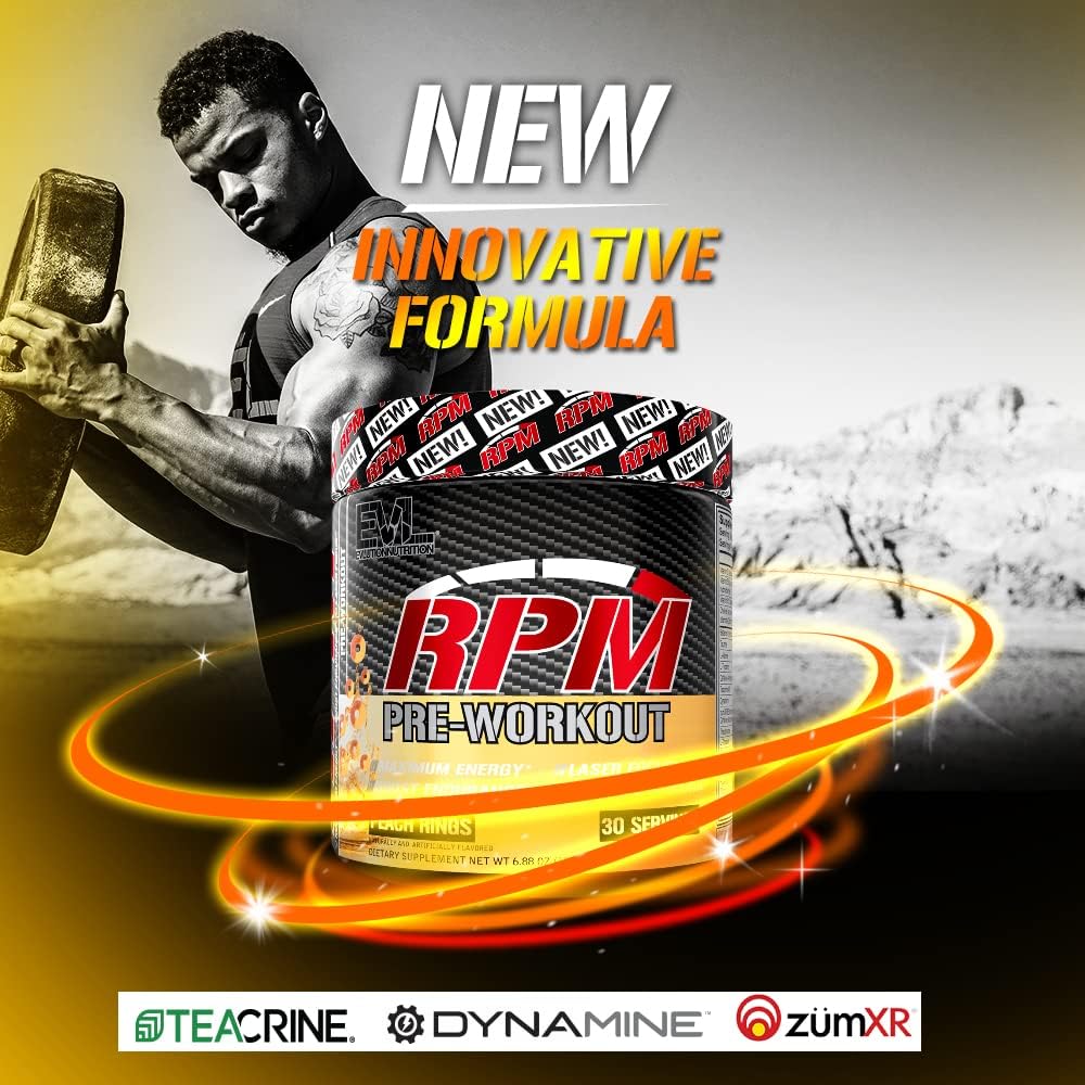 EVL RPM Energy Pre Workout Drink Powder - Peach Rings Flavor with Betaine, Alanine, Caffeine, Theacrine for Enhanced Performance