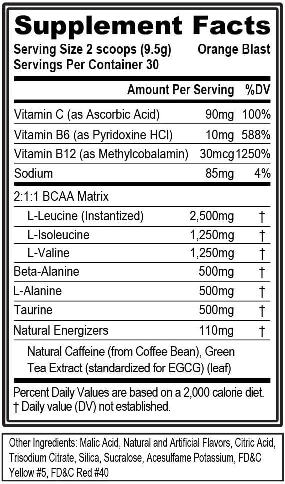 Evlution EVL BCAAs Amino Acids Powder - Orange Blast Flavor for Muscle Recovery and Endurance with Natural Caffeine