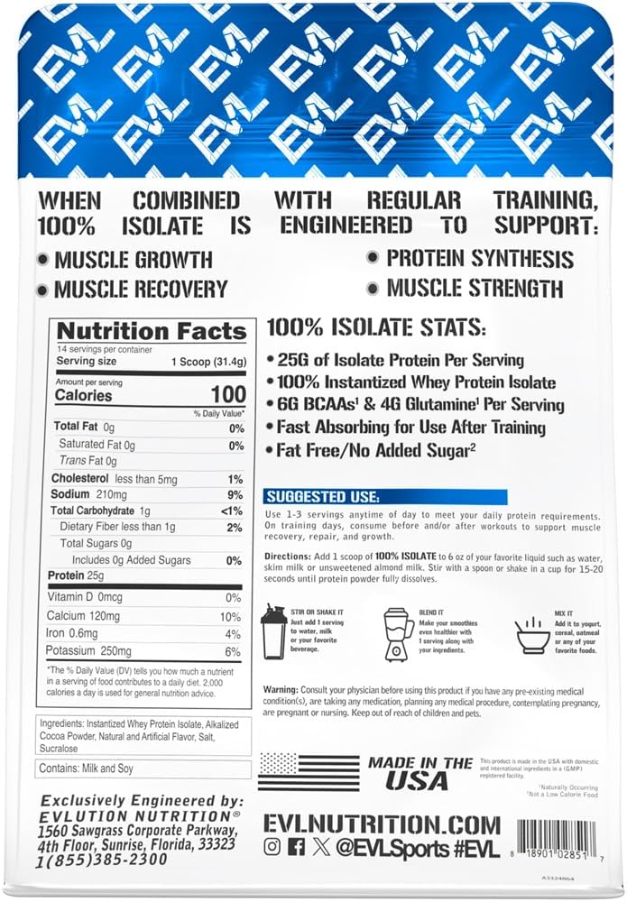 Evlution Nutrition 100% Whey Isolate Protein Powder, 25g Protein, No Added Sugar, Low-Carb, Gluten-Free (Double Rich Chocolate, 1lb)