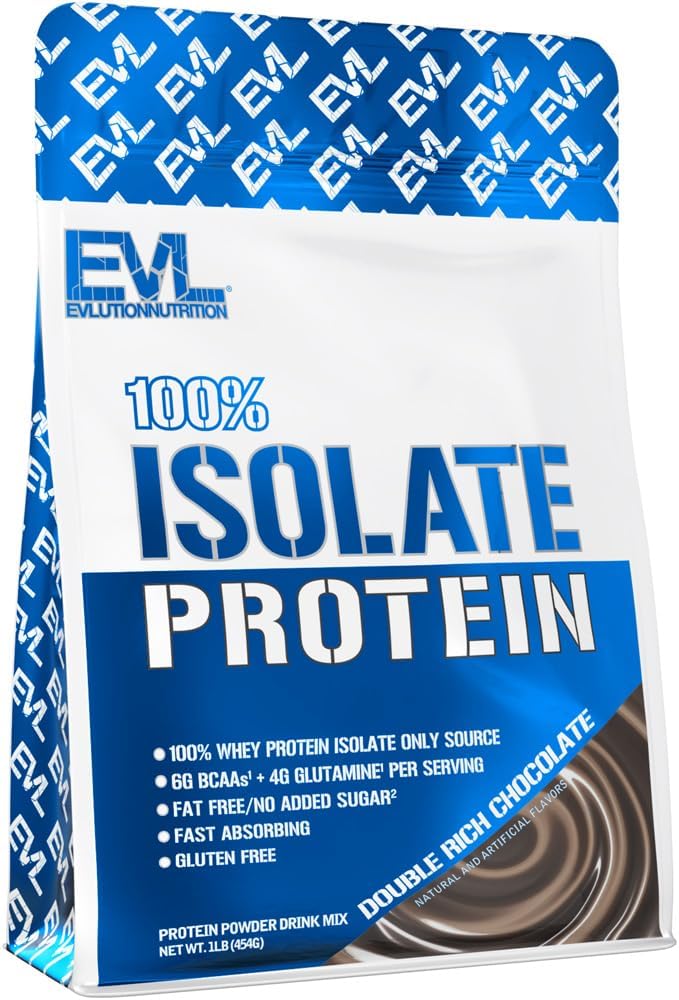 Evlution Nutrition 100% Whey Isolate Protein Powder, 25g Protein, No Added Sugar, Low-Carb, Gluten-Free (Double Rich Chocolate, 1lb)