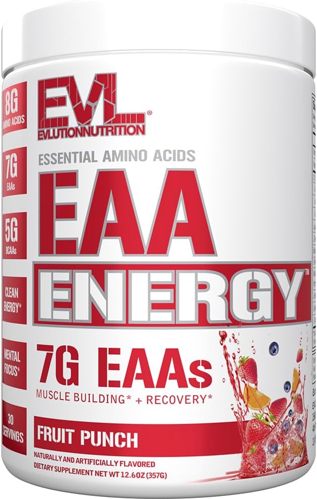 Evlution Nutrition EAA Energy Powder - Pre & Post Workout Supplement - Muscle Recovery - 7g EAAs + 5g BCAAs - Clean Energy - Caffeine - 30 Servings - Fruit Punch Flavor