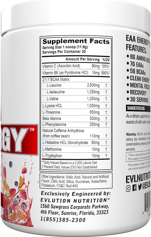 Evlution Nutrition EAA Energy Powder - Pre & Post Workout Supplement - Muscle Recovery - 7g EAAs + 5g BCAAs - Clean Energy - Caffeine - 30 Servings - Fruit Punch Flavor