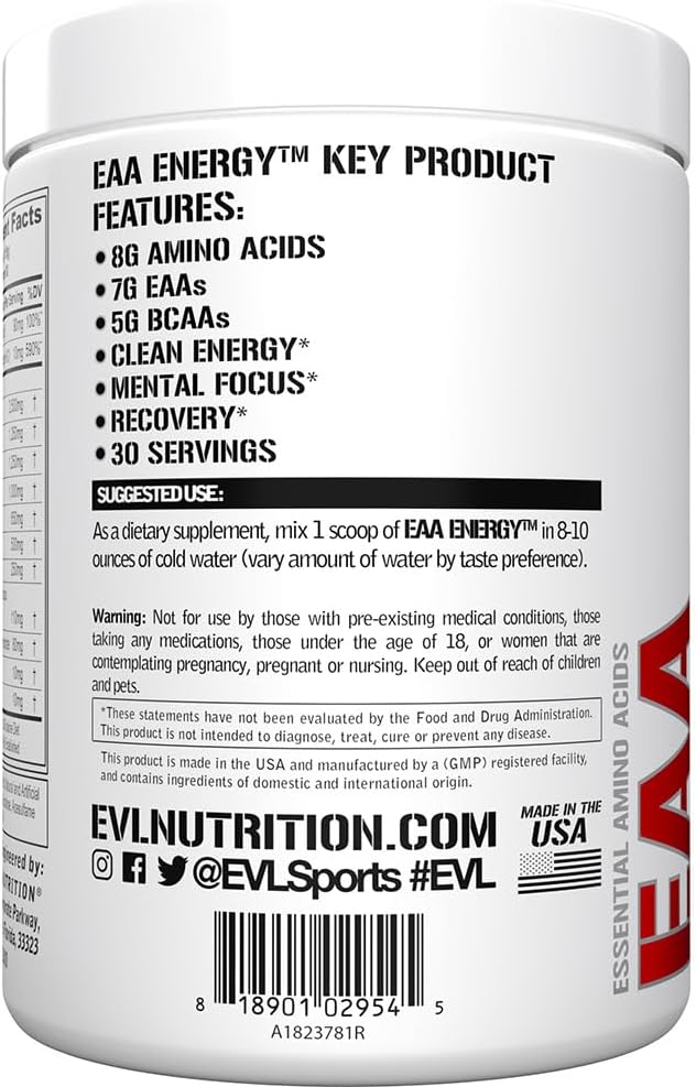 Evlution Nutrition EAA Energy Powder - Pre & Post Workout Supplement - Muscle Recovery - 7g EAAs + 5g BCAAs - Clean Energy - Caffeine - 30 Servings - Fruit Punch Flavor