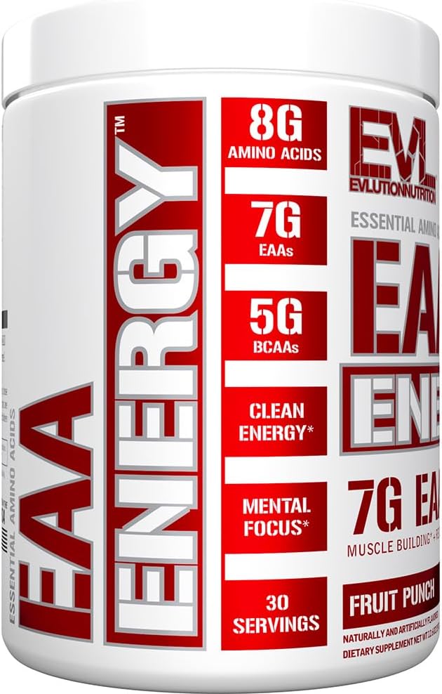 Evlution Nutrition EAA Energy Powder - Pre & Post Workout Supplement - Muscle Recovery - 7g EAAs + 5g BCAAs - Clean Energy - Caffeine - 30 Servings - Fruit Punch Flavor