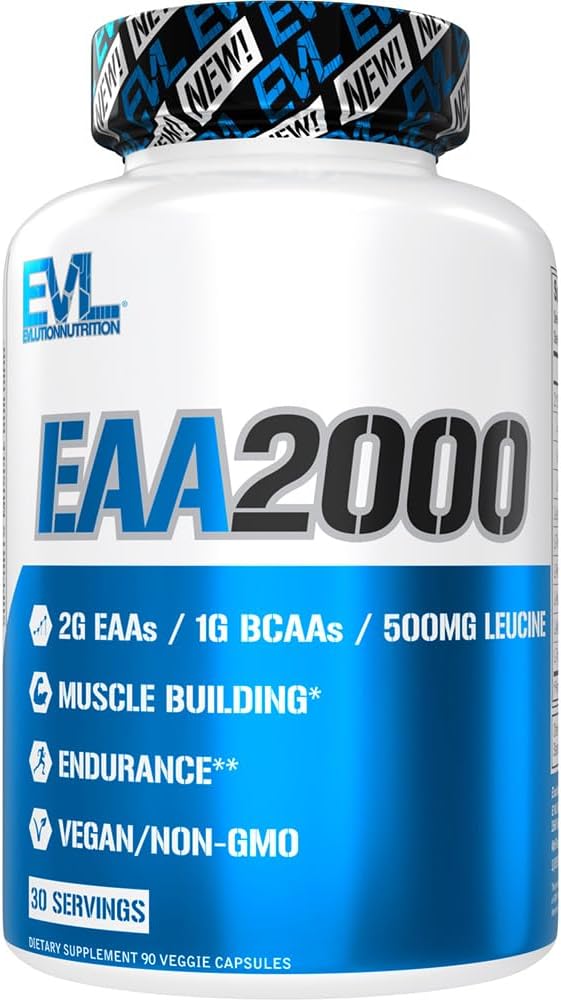 Evlution Nutrition EAA2000 Capsules: Muscle Building + Recovery Supplement - 2g EAAs + 1g BCAAs - Endurance + Energy - 30 Servings