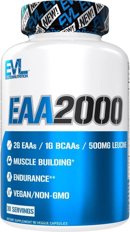 Evlution Nutrition EAA2000 Capsules: Muscle Building + Recovery Supplement - 2g EAAs + 1g BCAAs - Endurance + Energy - 30 Servings