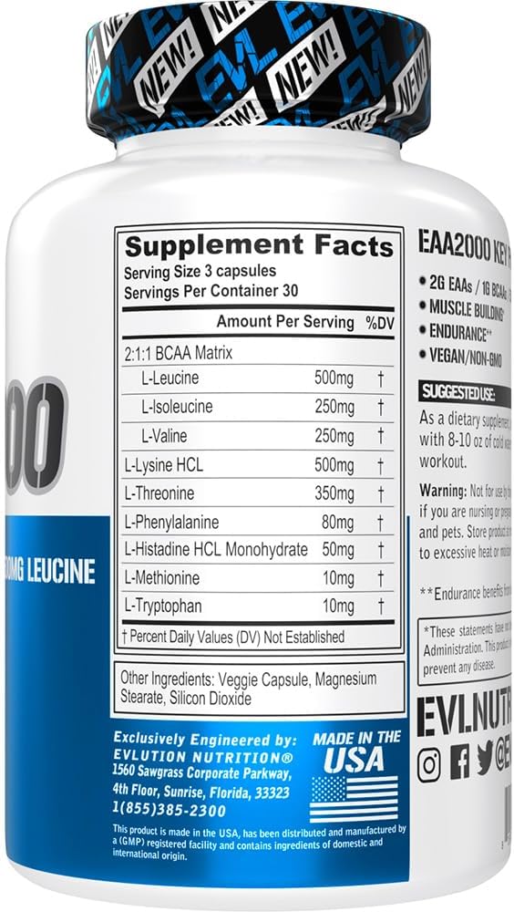 Evlution Nutrition EAA2000 Capsules: Muscle Building + Recovery Supplement - 2g EAAs + 1g BCAAs - Endurance + Energy - 30 Servings