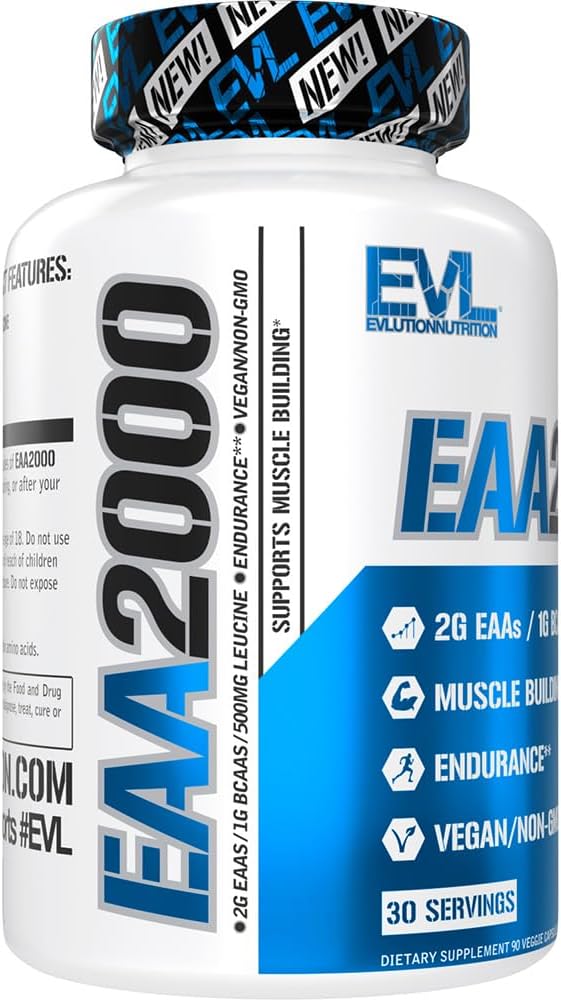 Evlution Nutrition EAA2000 Capsules: Muscle Building + Recovery Supplement - 2g EAAs + 1g BCAAs - Endurance + Energy - 30 Servings