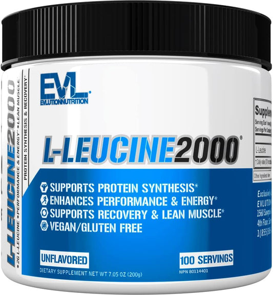 Evlution Nutrition L-Leucine Powder - 2000mg for Muscle Support & Recovery - Vegan & Gluten Free - Unflavored Supplement (100 Servings)