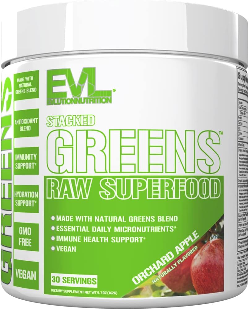 Evlution Nutrition Stacked Greens: Raw Superfood with Natural Greens Blend & Micronutrients for Immunity & Hydration - Vegan, GMO-Free - 30 Servings