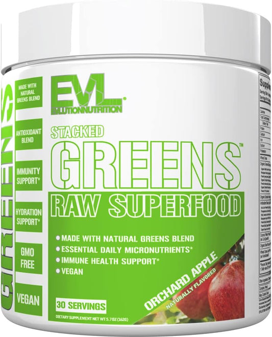 Evlution Nutrition Stacked Greens: Raw Superfood with Natural Greens Blend & Micronutrients for Immunity & Hydration - Vegan, GMO-Free - 30 Servings