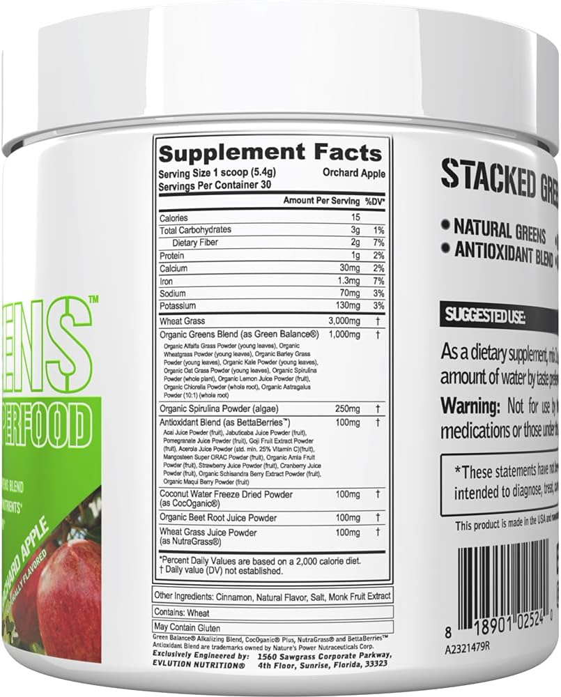 Evlution Nutrition Stacked Greens: Raw Superfood with Natural Greens Blend & Micronutrients for Immunity & Hydration - Vegan, GMO-Free - 30 Servings