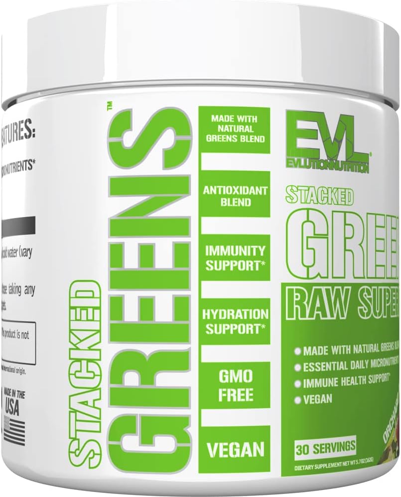 Evlution Nutrition Stacked Greens: Raw Superfood with Natural Greens Blend & Micronutrients for Immunity & Hydration - Vegan, GMO-Free - 30 Servings