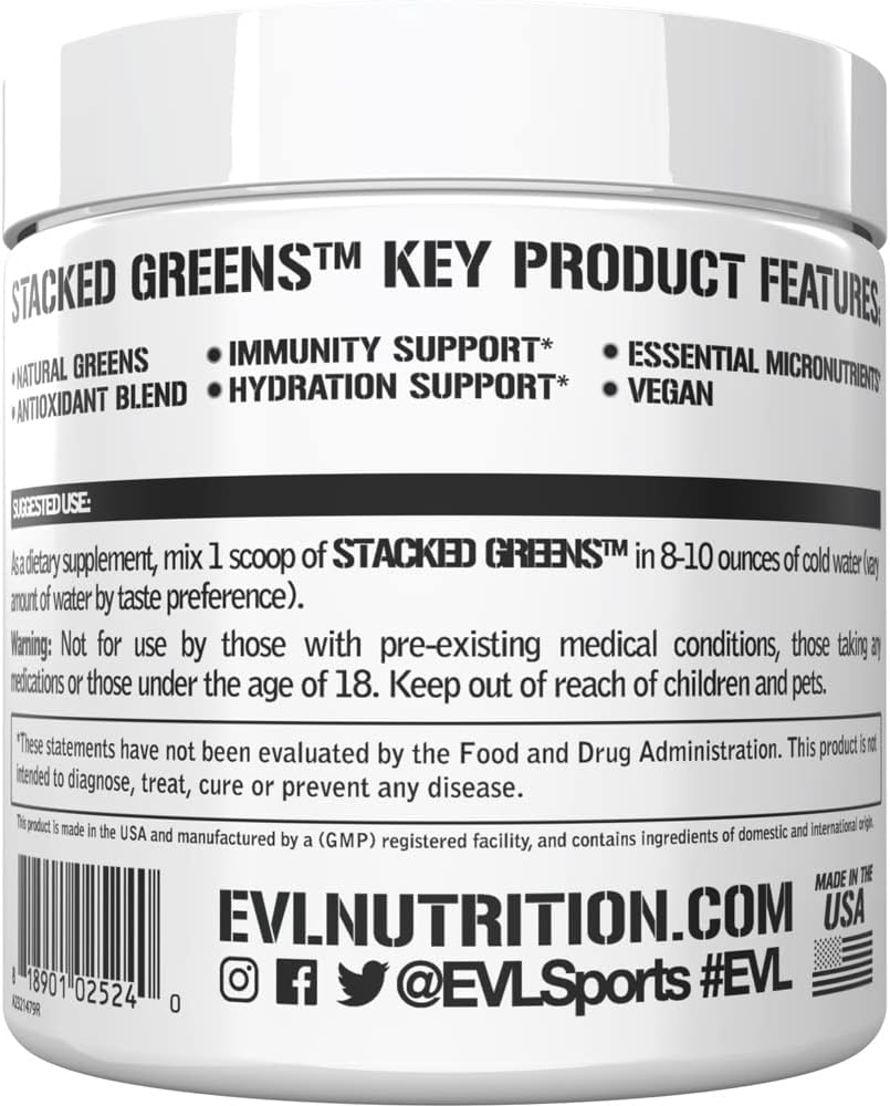 Evlution Nutrition Stacked Greens: Raw Superfood with Natural Greens Blend & Micronutrients for Immunity & Hydration - Vegan, GMO-Free - 30 Servings