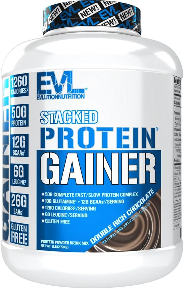Evlution Nutrition Stacked Protein Gainer - Whey Protein Powder Complex with Carbohydrates for Muscle Building and Recovery - Gluten-Free (Double Rich Chocolate, 6 LB)