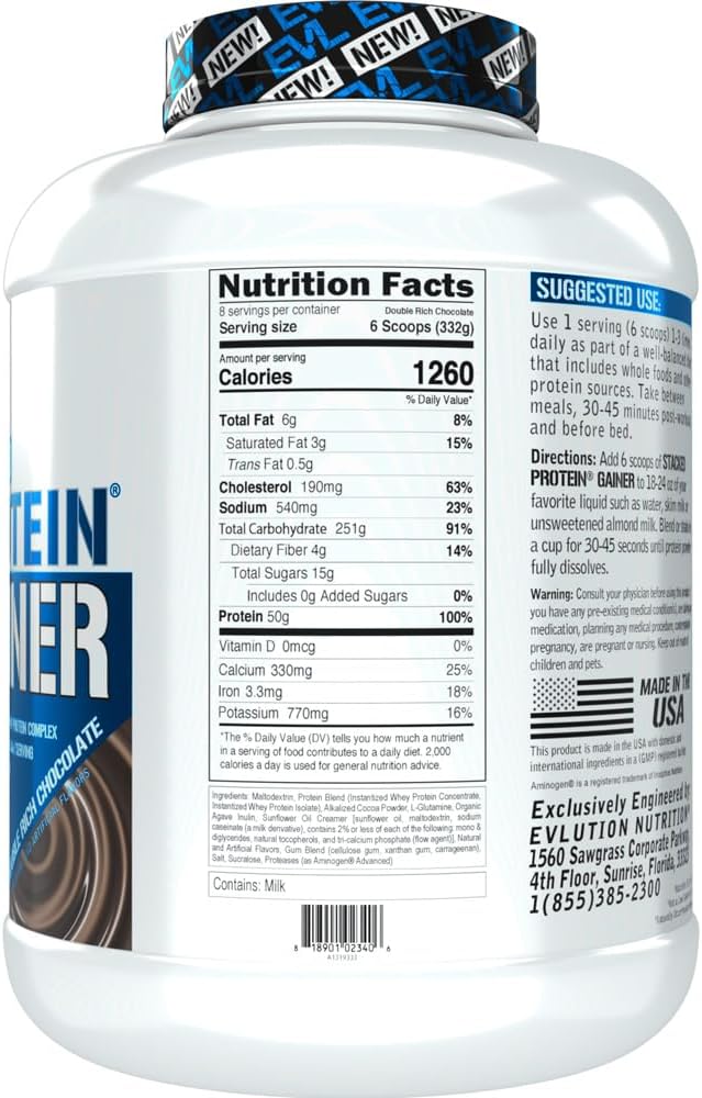 Evlution Nutrition Stacked Protein Gainer - Whey Protein Powder Complex with Carbohydrates for Muscle Building and Recovery - Gluten-Free (Double Rich Chocolate, 6 LB)