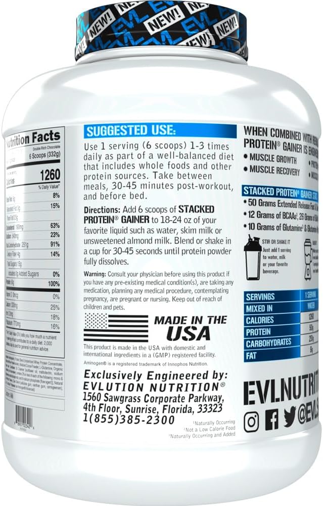 Evlution Nutrition Stacked Protein Gainer - Whey Protein Powder Complex with Carbohydrates for Muscle Building and Recovery - Gluten-Free (Double Rich Chocolate, 6 LB)