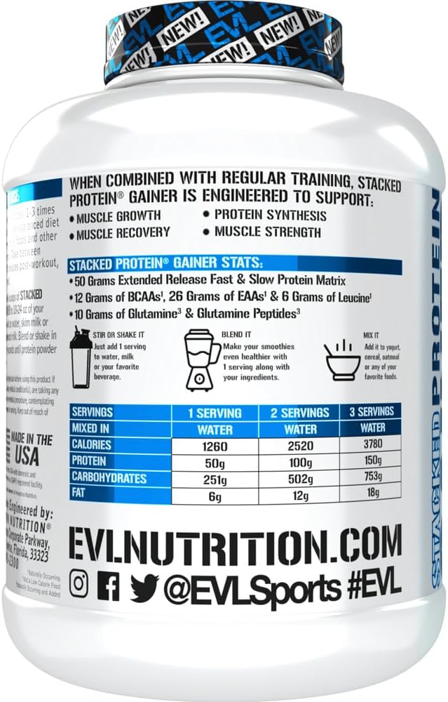 Evlution Nutrition Stacked Protein Gainer - Whey Protein Powder Complex with Carbohydrates for Muscle Building and Recovery - Gluten-Free (Double Rich Chocolate, 6 LB)
