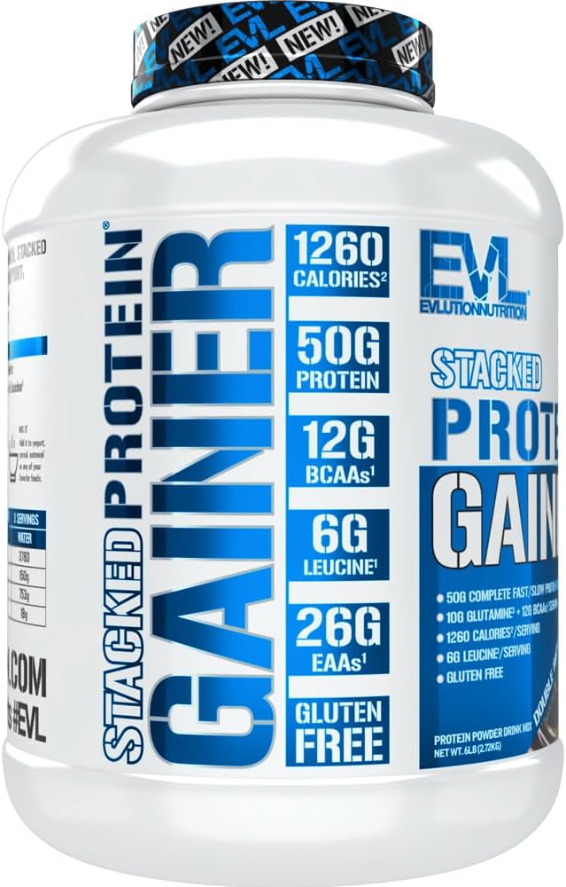 Evlution Nutrition Stacked Protein Gainer - Whey Protein Powder Complex with Carbohydrates for Muscle Building and Recovery - Gluten-Free (Double Rich Chocolate, 6 LB)