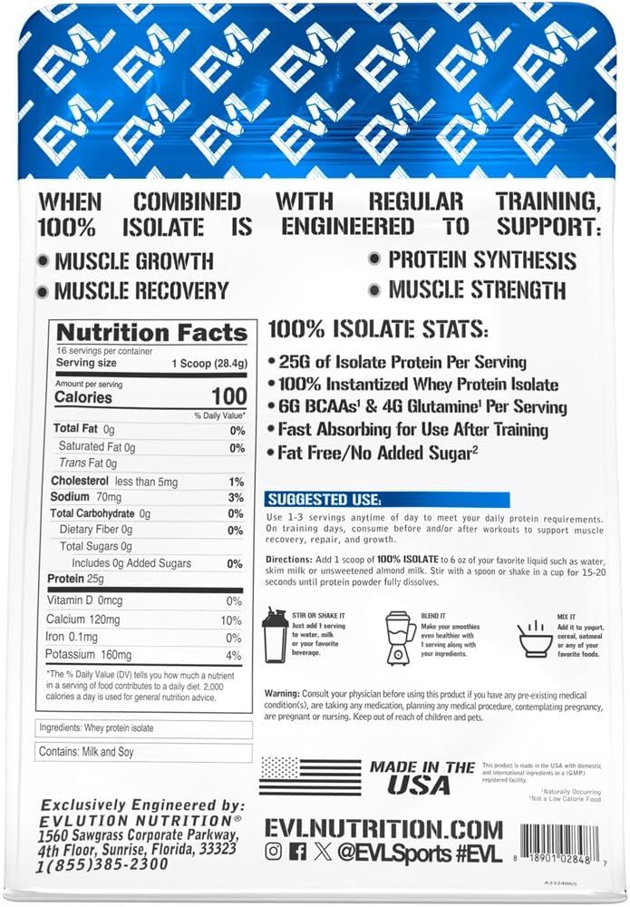 Evlution Nutrition Whey Isolate Protein Powder, 25g Protein, No Sugar, Low-Carb, Gluten-Free - Unflavored, 1lb