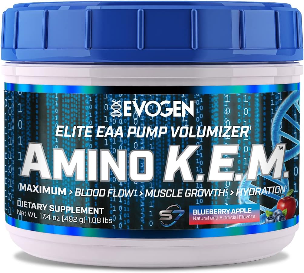 Evogen Amino K.E.M. Blueberry Apple Powder - EAA & BCAA Pump Volumizer Supplement for Muscle Growth, Hydration, Blood Flow - 30 Servings