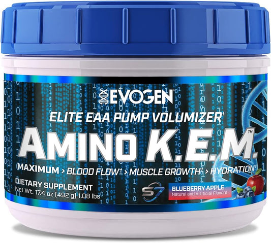 Evogen Amino K.E.M. Blueberry Apple Powder - EAA & BCAA Pump Volumizer Supplement for Muscle Growth, Hydration, Blood Flow - 30 Servings