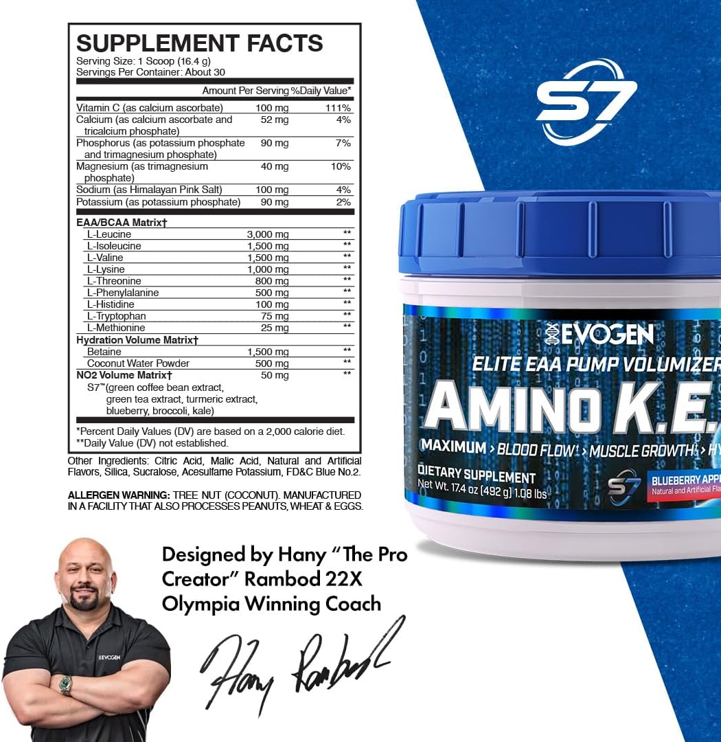 Evogen Amino K.E.M. Blueberry Apple Powder - EAA & BCAA Pump Volumizer Supplement for Muscle Growth, Hydration, Blood Flow - 30 Servings