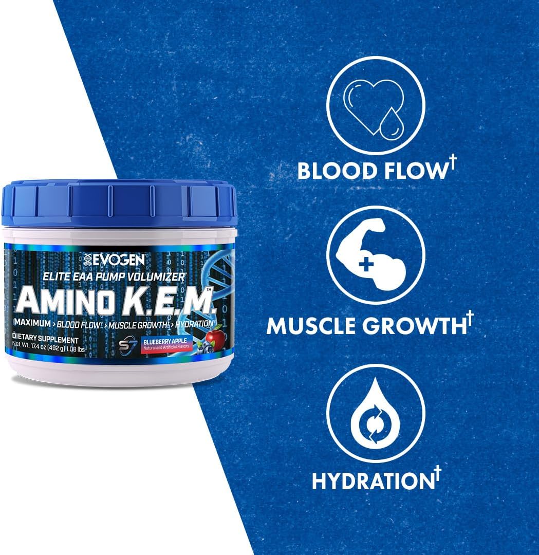 Evogen Amino K.E.M. Blueberry Apple Powder - EAA & BCAA Pump Volumizer Supplement for Muscle Growth, Hydration, Blood Flow - 30 Servings