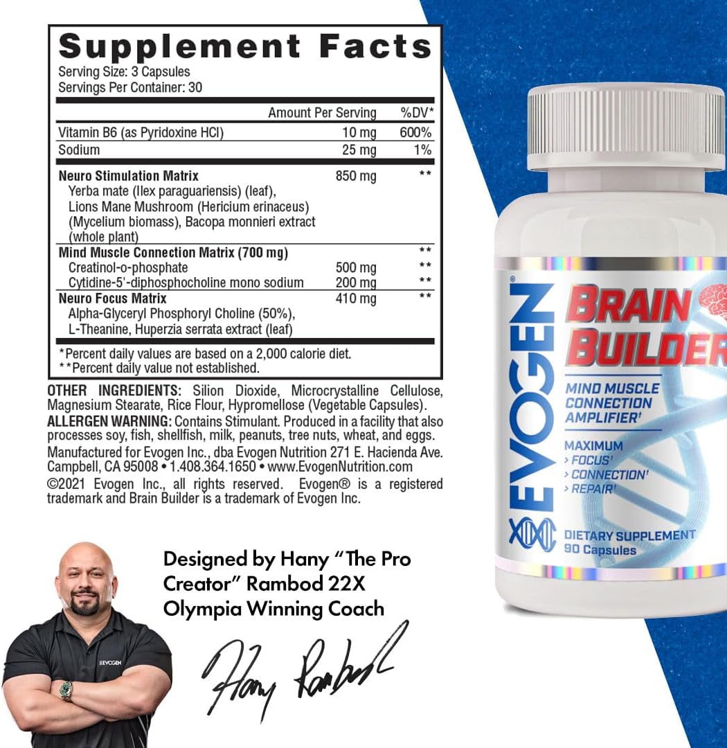 Evogen Brain Builder Capsules - Enhances Mind-Muscle Connection, Focus, & Concentration with Lions Mane, Bacopa Monnieri, Alpha-GPC - 90 Caps