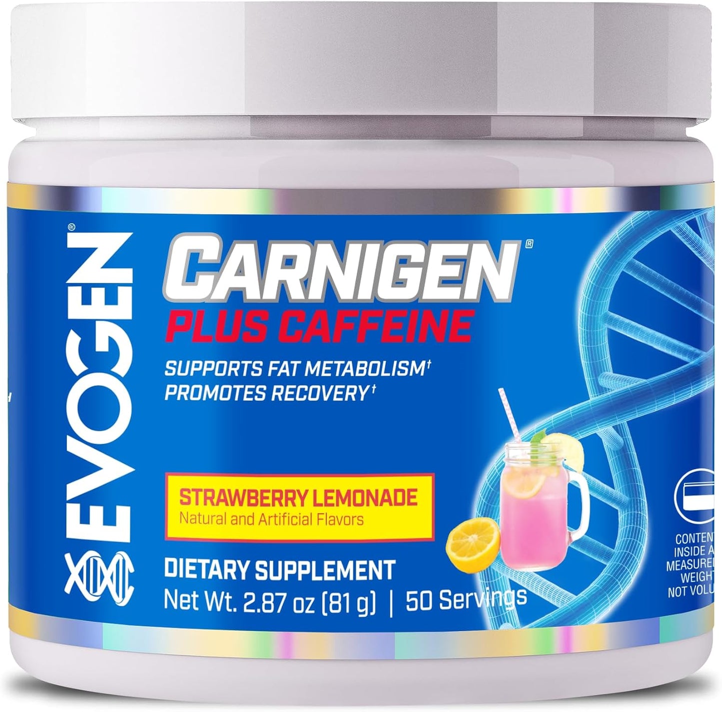 Evogen Carnigen Plus Caffeine - Strawberry Lemonade L Carnitine Powder for Fat Metabolism & Recovery - 50 Servings