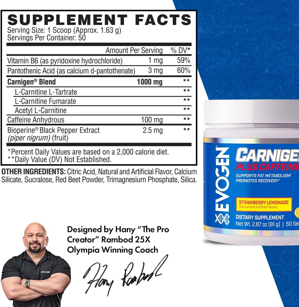 Evogen Carnigen Plus Caffeine - Strawberry Lemonade L Carnitine Powder for Fat Metabolism & Recovery - 50 Servings