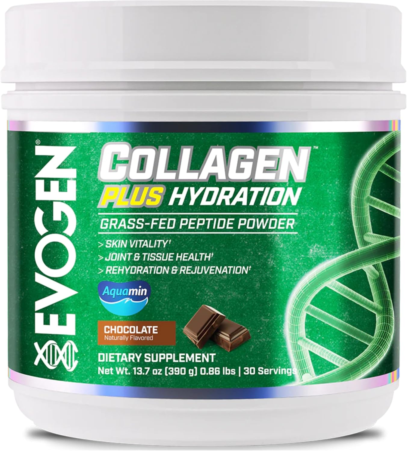 Evogen Collagen Plus Hydration: Grass-Fed Collagen Powder for Skin, Joints & Hydration - Chocolate - 30 Servings