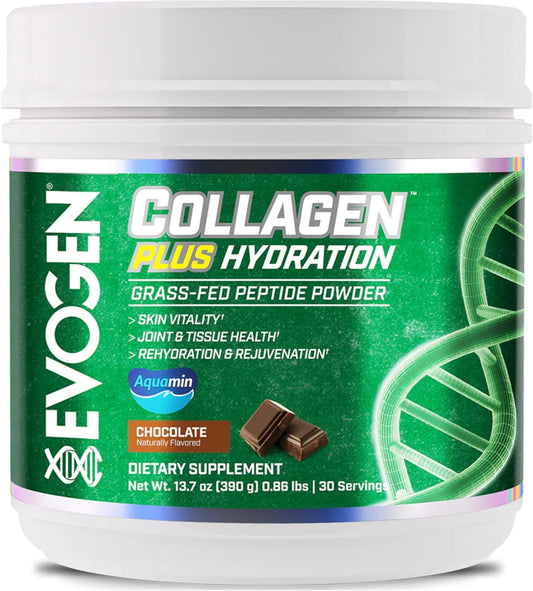 Evogen Collagen Plus Hydration: Grass-Fed Collagen Powder for Skin, Joints & Hydration - Chocolate - 30 Servings
