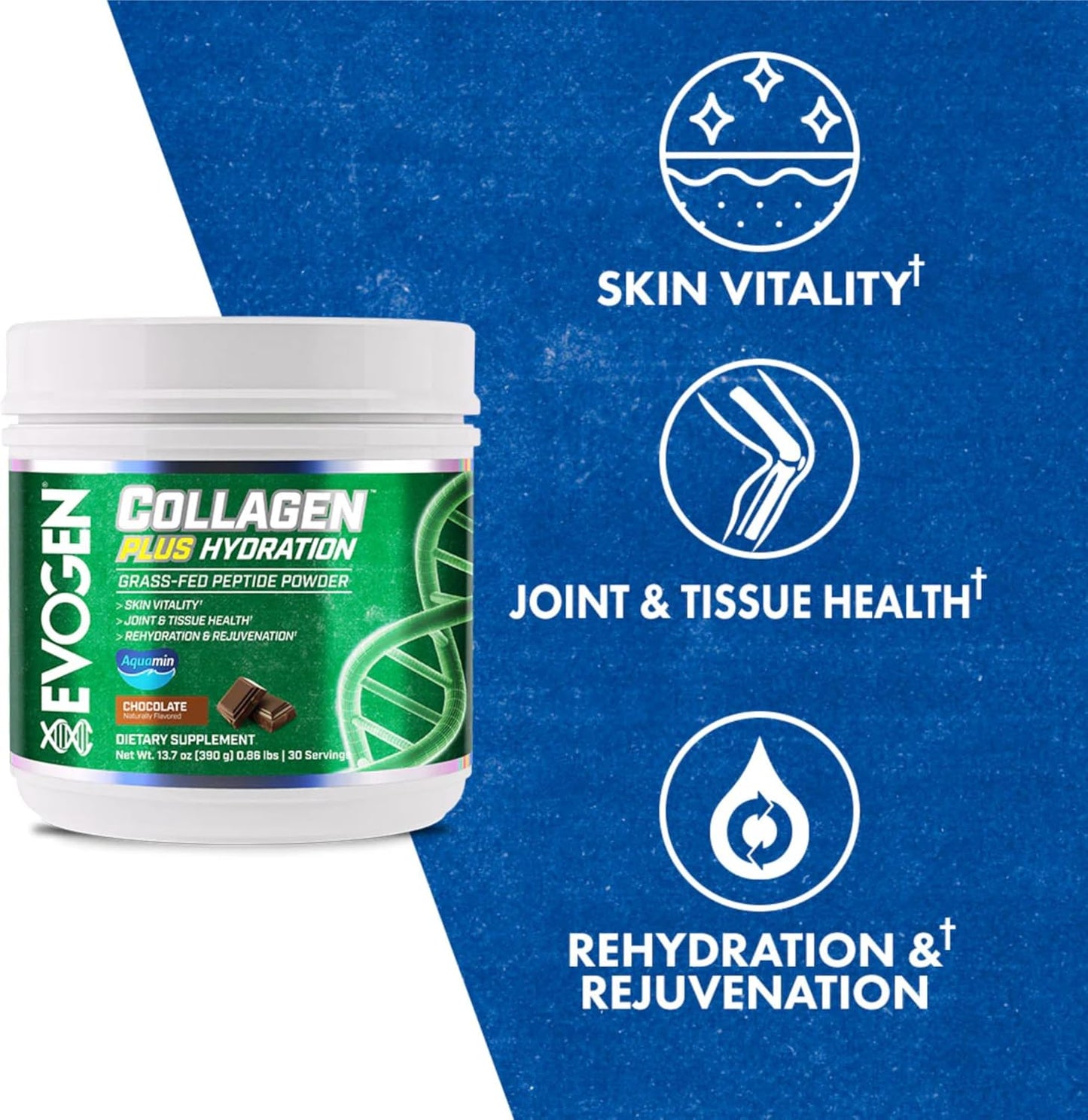 Evogen Collagen Plus Hydration: Grass-Fed Collagen Powder for Skin, Joints & Hydration - Chocolate - 30 Servings