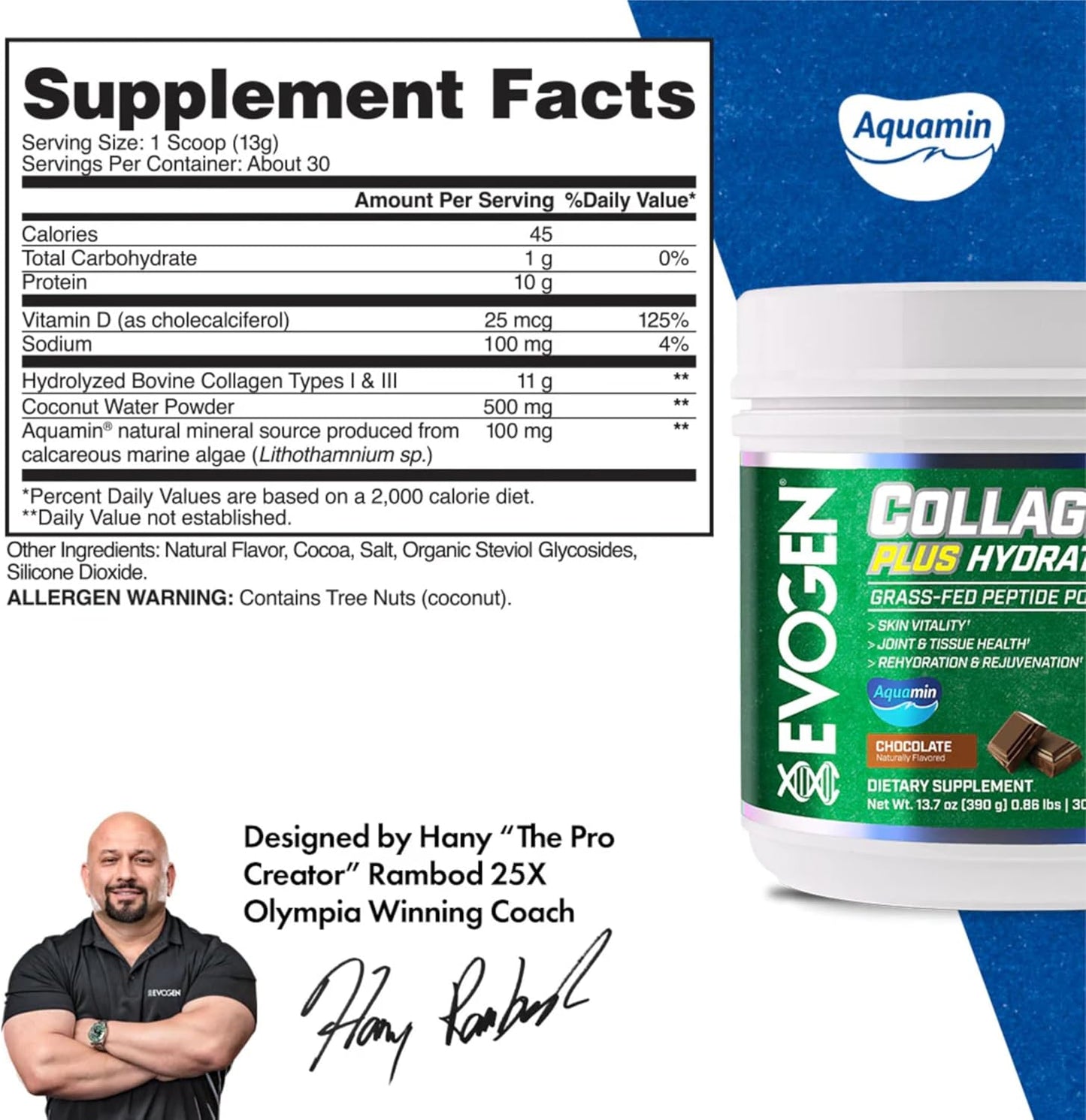 Evogen Collagen Plus Hydration: Grass-Fed Collagen Powder for Skin, Joints & Hydration - Chocolate - 30 Servings