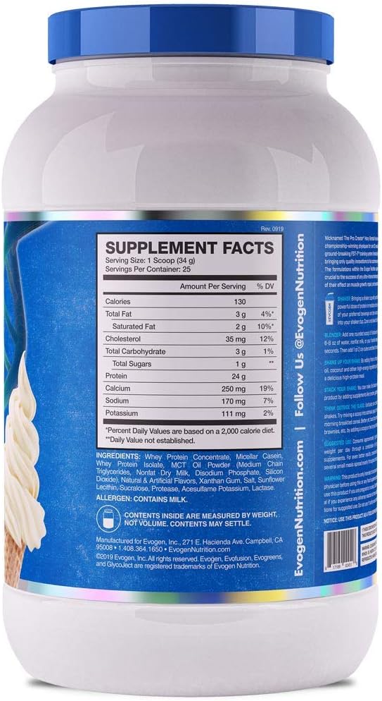Evogen Evofusion Vanilla Bean Ice Cream Protein Powder - Supports Muscle Growth & Repair with Whey Protein, Micellar Casein, and MCT Oil - 25 Servings