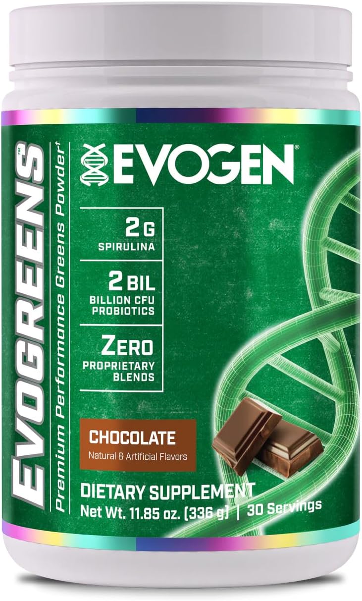 Evogen Evogreens Chocolate Superfood Blend with Spirulina, Pomegranate, Probiotics, and Kale - 30 Servings