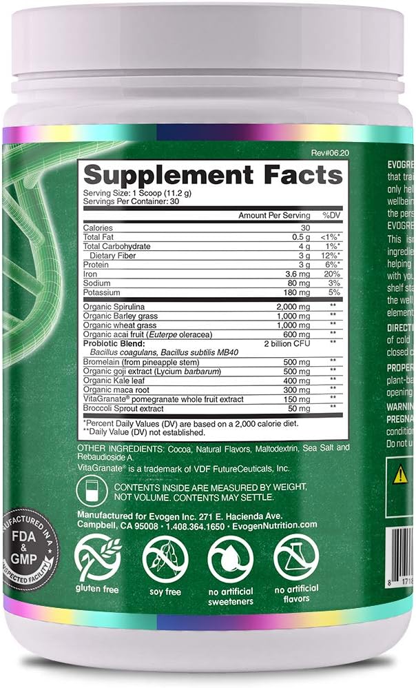 Evogen Evogreens Chocolate Superfood Blend with Spirulina, Pomegranate, Probiotics, and Kale - 30 Servings
